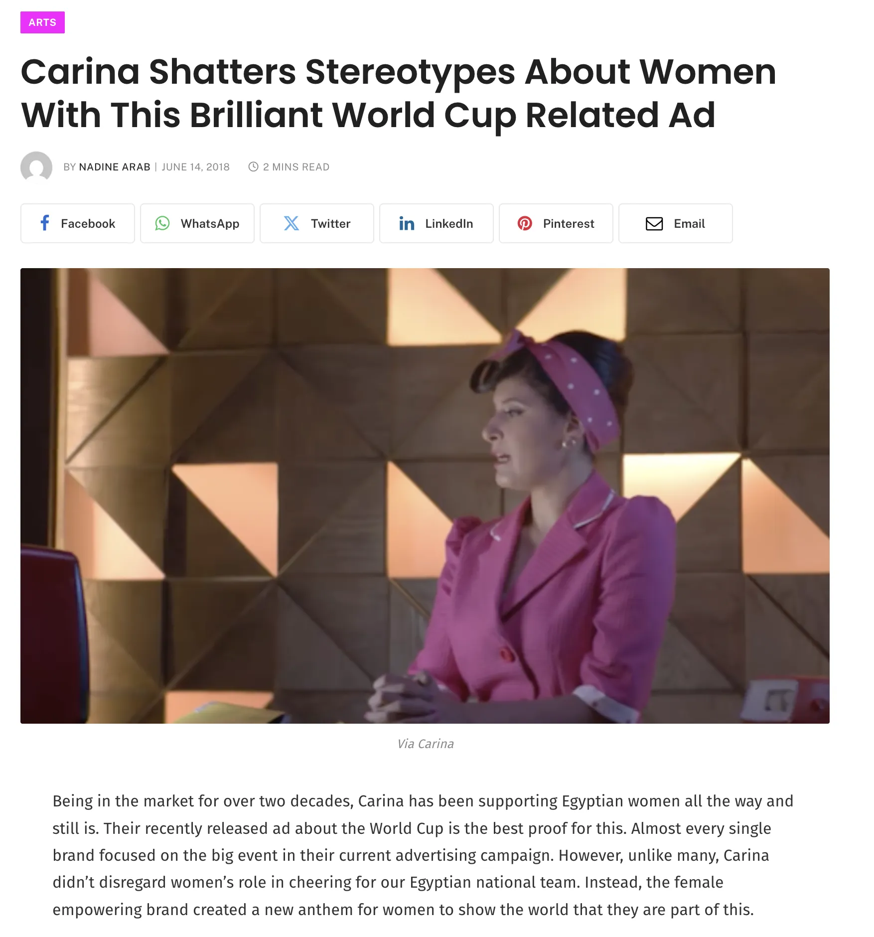 Press coverage — Carina shatters stereotypes about women with World Cup ad